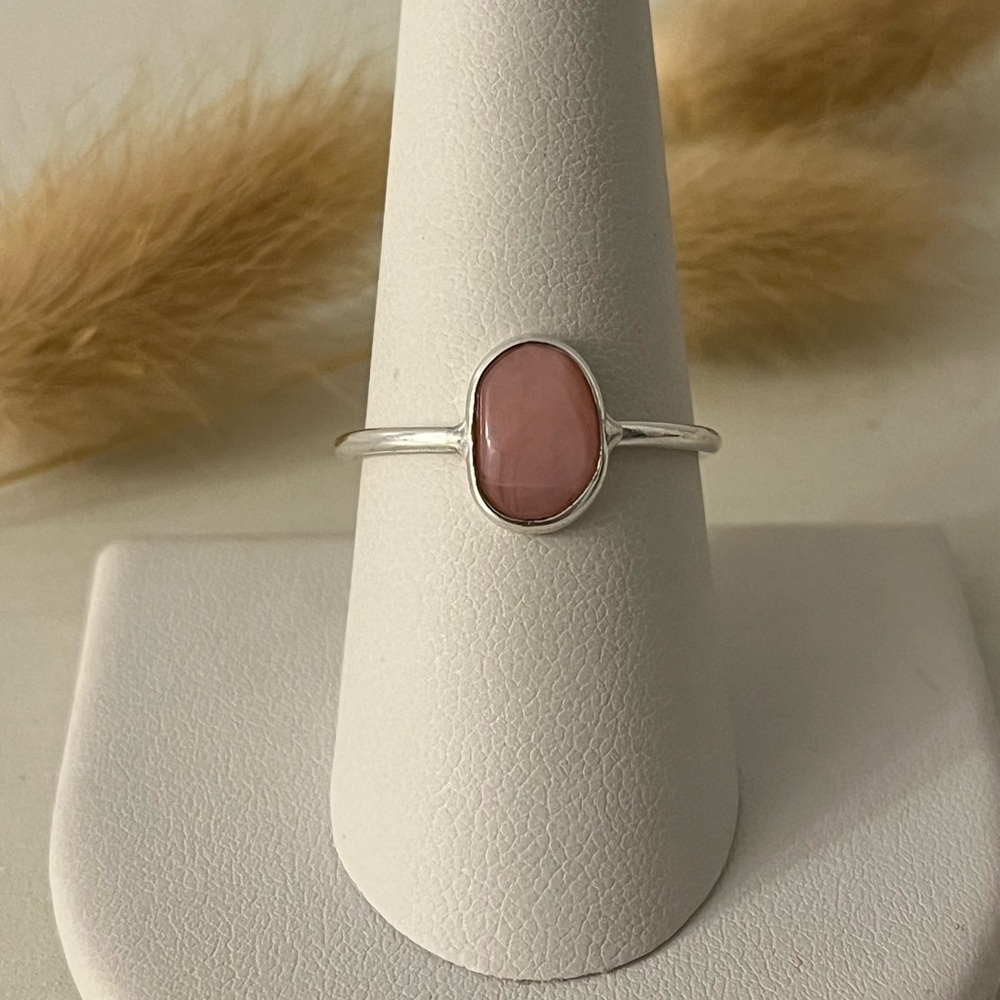 925 Solid Sterling Silver Minimal Stacker Ring Pink Opal Gemstone Size 9